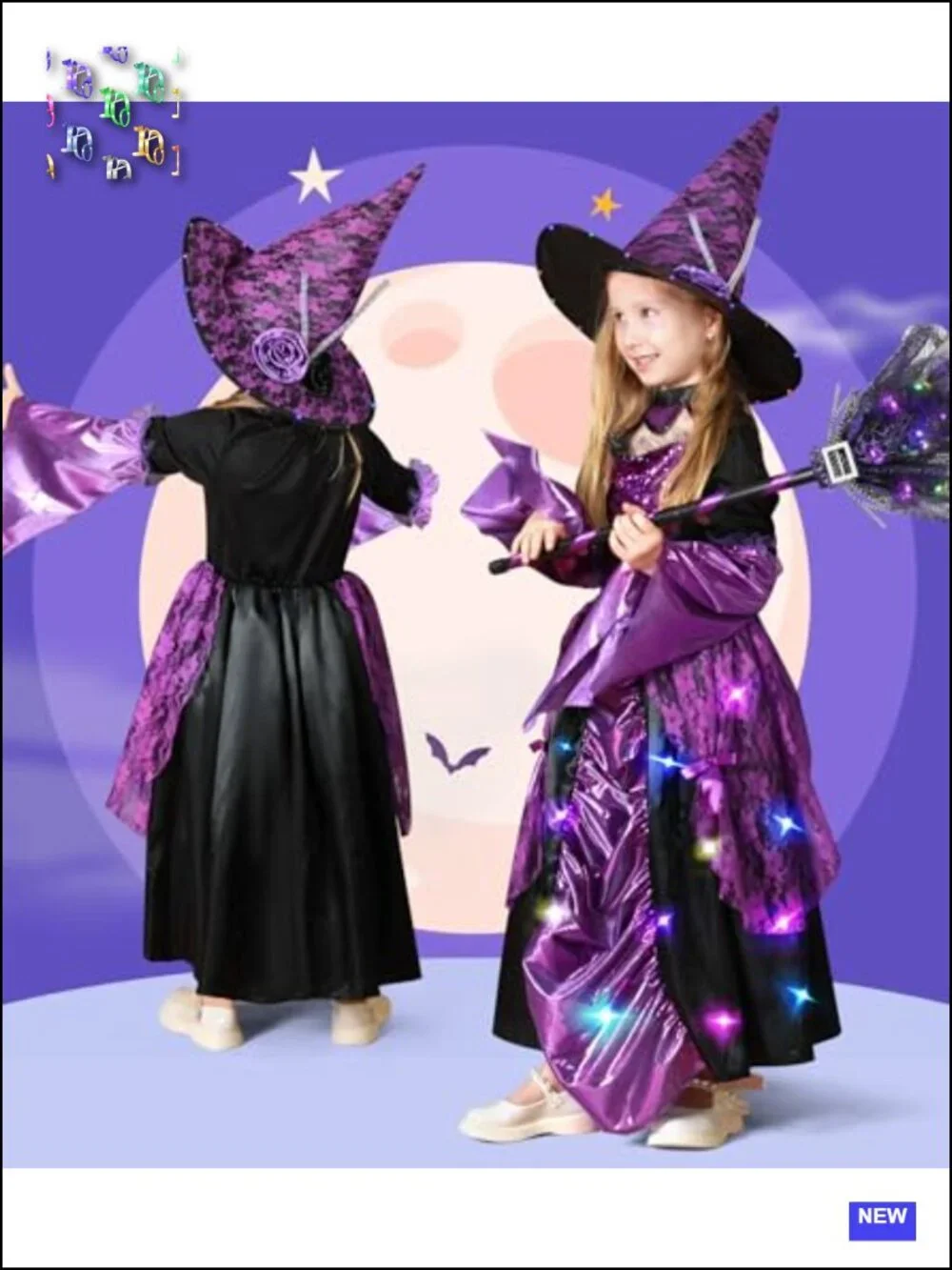 Light Up Witch Costume Dress for Girls Halloween Cosplay with Hat Broomstick